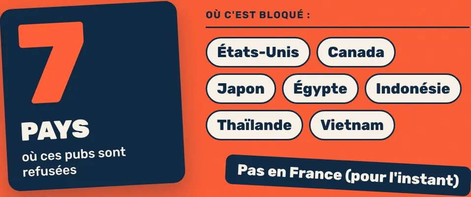 Les 7 pays où Meta refuse les pubs qui mènent vers TikTok : États-Unis, Canada, Japon, Égypte, Indonésie, Thaïlande, Vietnam