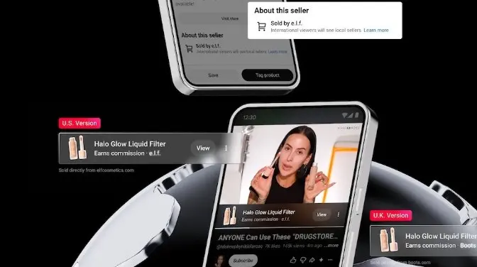 Des téléphones affichent une vidéo YouTube avec un produit tagué et la commission du créateur