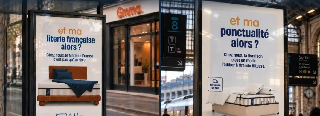 Deux affiches Tediber : « et ma literie française alors ? » devant une boutique Emma, et « et ma ponctualité alors ? » dans une gare