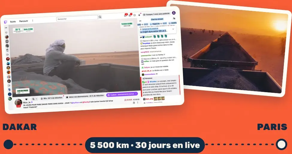Le live Twitch du voyage Dakar-Paris en stop et un camion dans le désert au coucher du soleil
