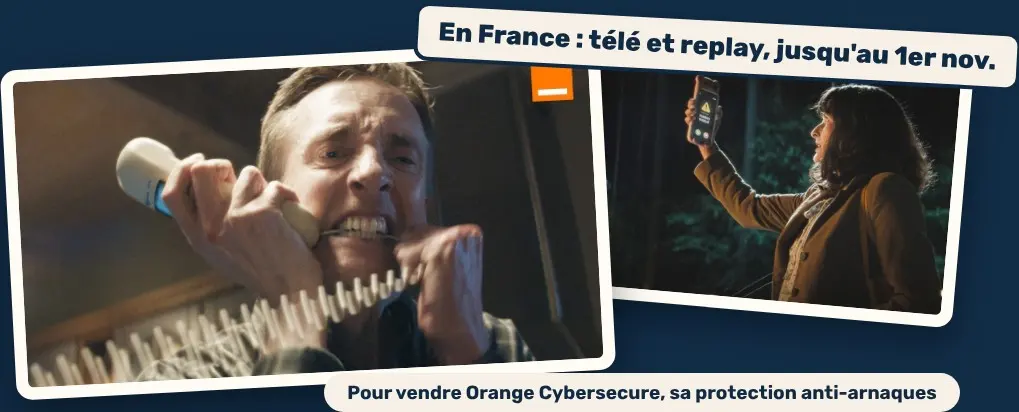 Images de la pub Orange Cybersecure : un homme crispé au téléphone, une femme qui lève son téléphone plein d'alertes