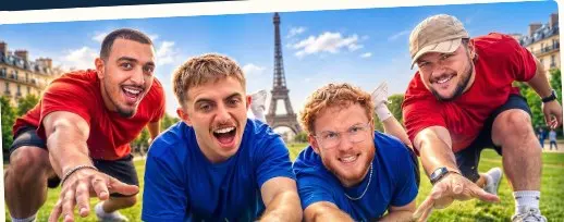 Michou, Timoute, Elian et Flamby devant la tour Eiffel, dans la miniature de la vidéo Vinted